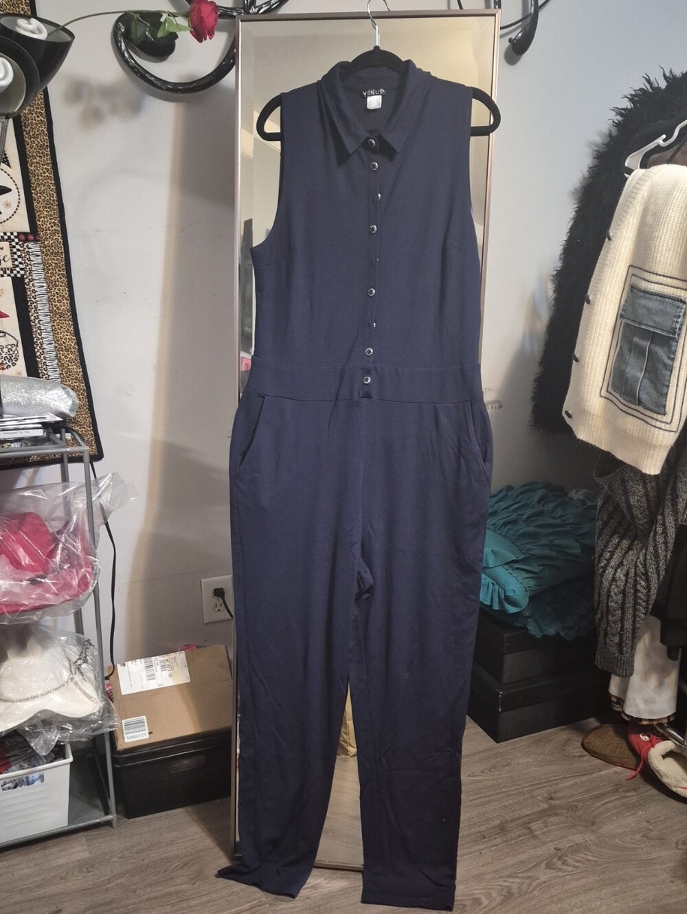 VENUS Navy Sleeveless Button-Front Jumpsuit